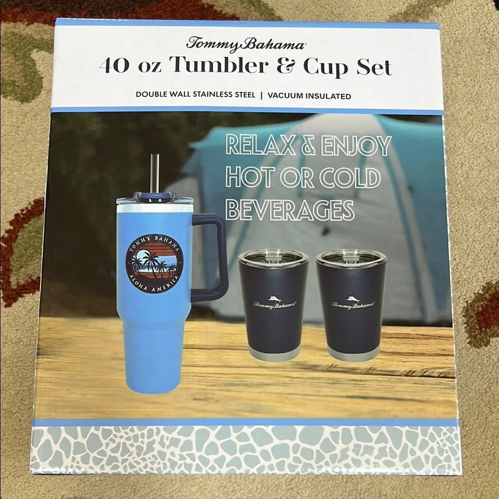 Tommy Bahama Blue Stainless Steel 40 oz Tumbler & Cup Set - Picture 1 of 3